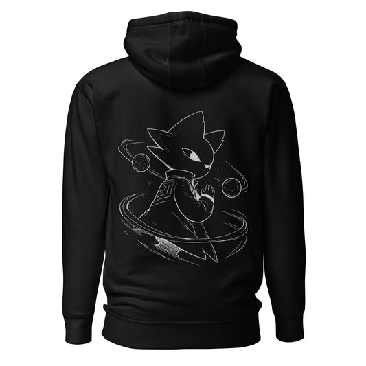 Back view of the black Nine Sols Orbiting Focus Taopunk Motion hoodie featuring a taopunk figure with orbiting rings in white line art