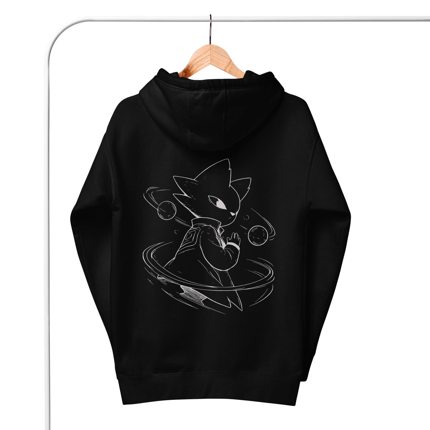 Back view of the black Nine Sols Orbiting Focus Taopunk Motion hoodie on hanger showing full back print and hood detail