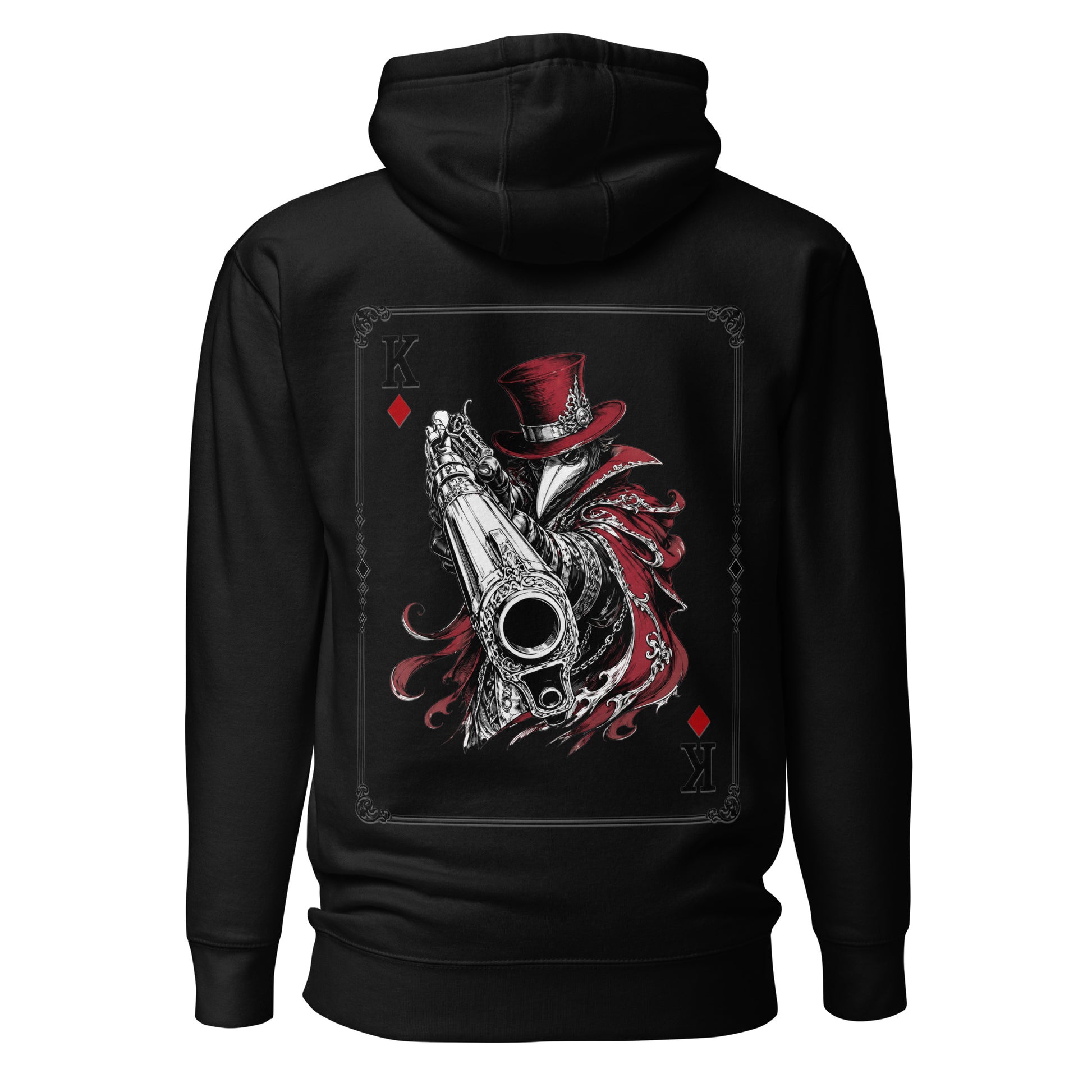 Back view of the Black Crowsworn King of Diamonds hoodie with crimson gambit card back graphic