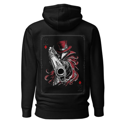 Back view of the Black Crowsworn King of Diamonds hoodie with crimson gambit card back graphic