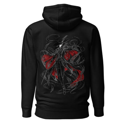 Back view of the: Black Crowsworn Crimson Wraith hoodie with gothic dark fantasy back graphic