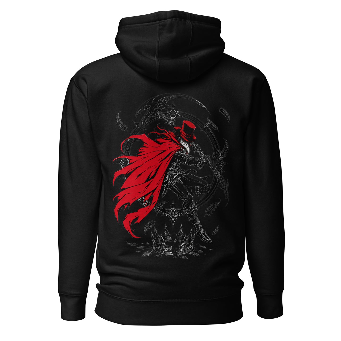 Back view of the Black Crowsworn Crimson Scythe hoodie with dark fantasy graphic artwork