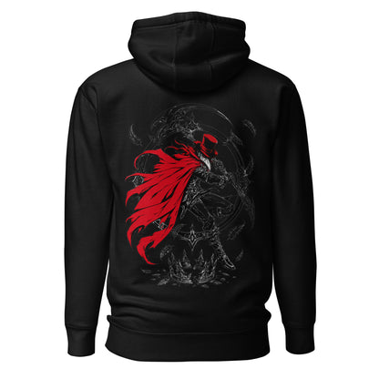 Back view of the Black Crowsworn Crimson Scythe hoodie with dark fantasy graphic artwork