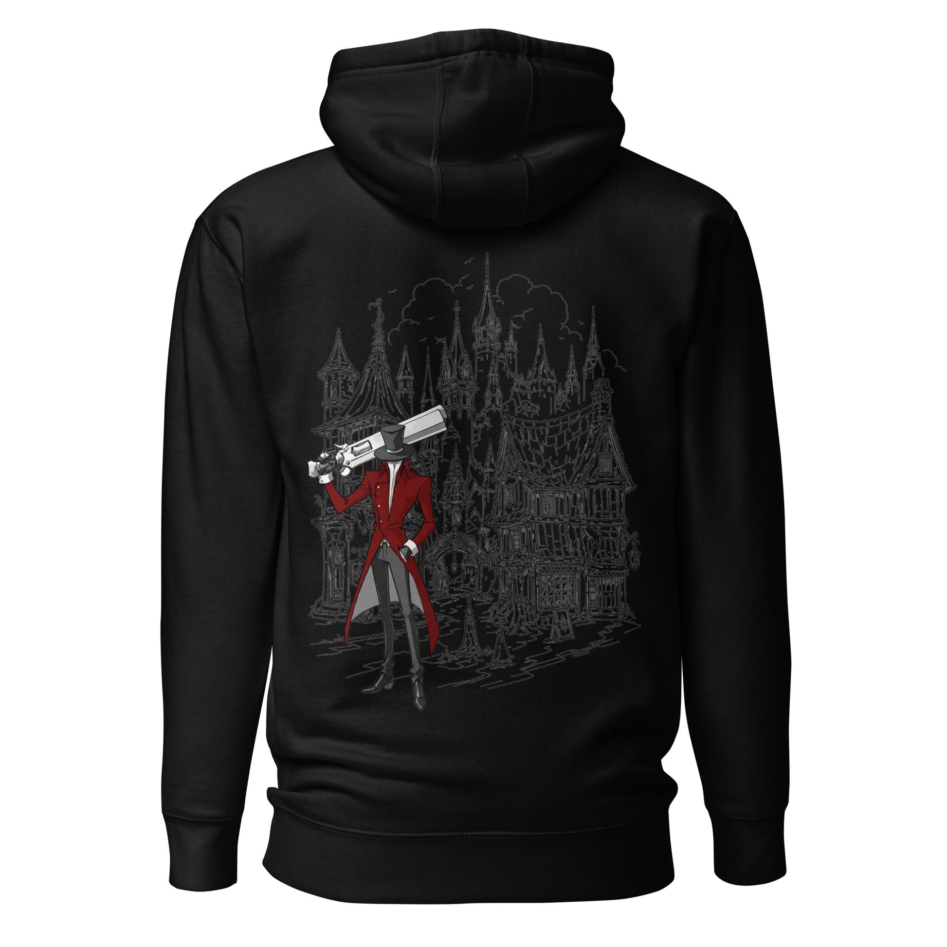 Back view of the Black Crowsworn Gothic Hunter hoodie with ruined kingdom graphic