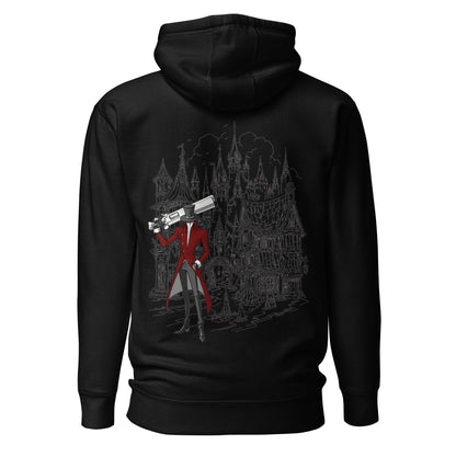 Back view of the Black Crowsworn Gothic Hunter hoodie with ruined kingdom graphic
