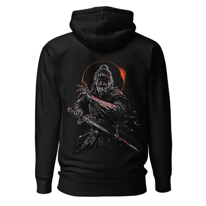Back view of The Blood of Dawnwalker Coen Sword Hoodie featuring large Coen sword artwork across the back