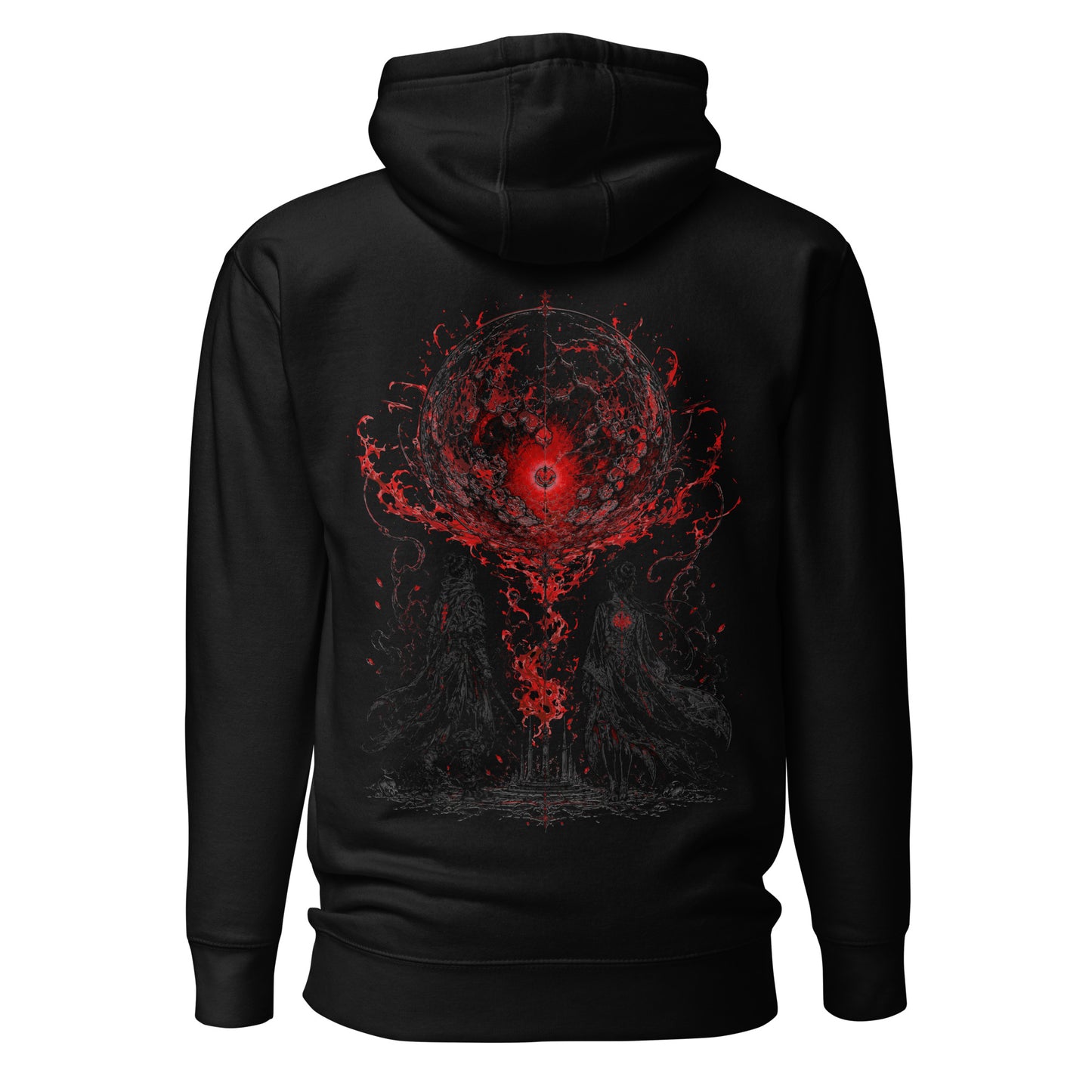 Back view of The Blood of Dawnwalker Crimson Eclipse Hoodie featuring large crimson eclipse artwork across the back