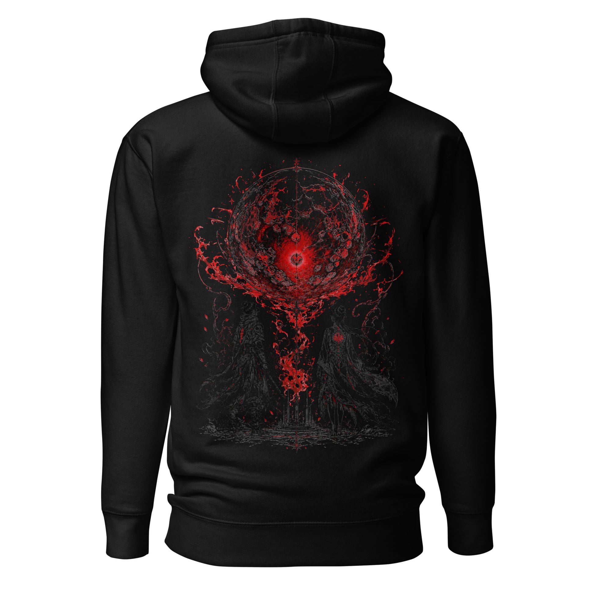 Back view of The Blood of Dawnwalker Crimson Eclipse Hoodie featuring large crimson eclipse artwork across the back