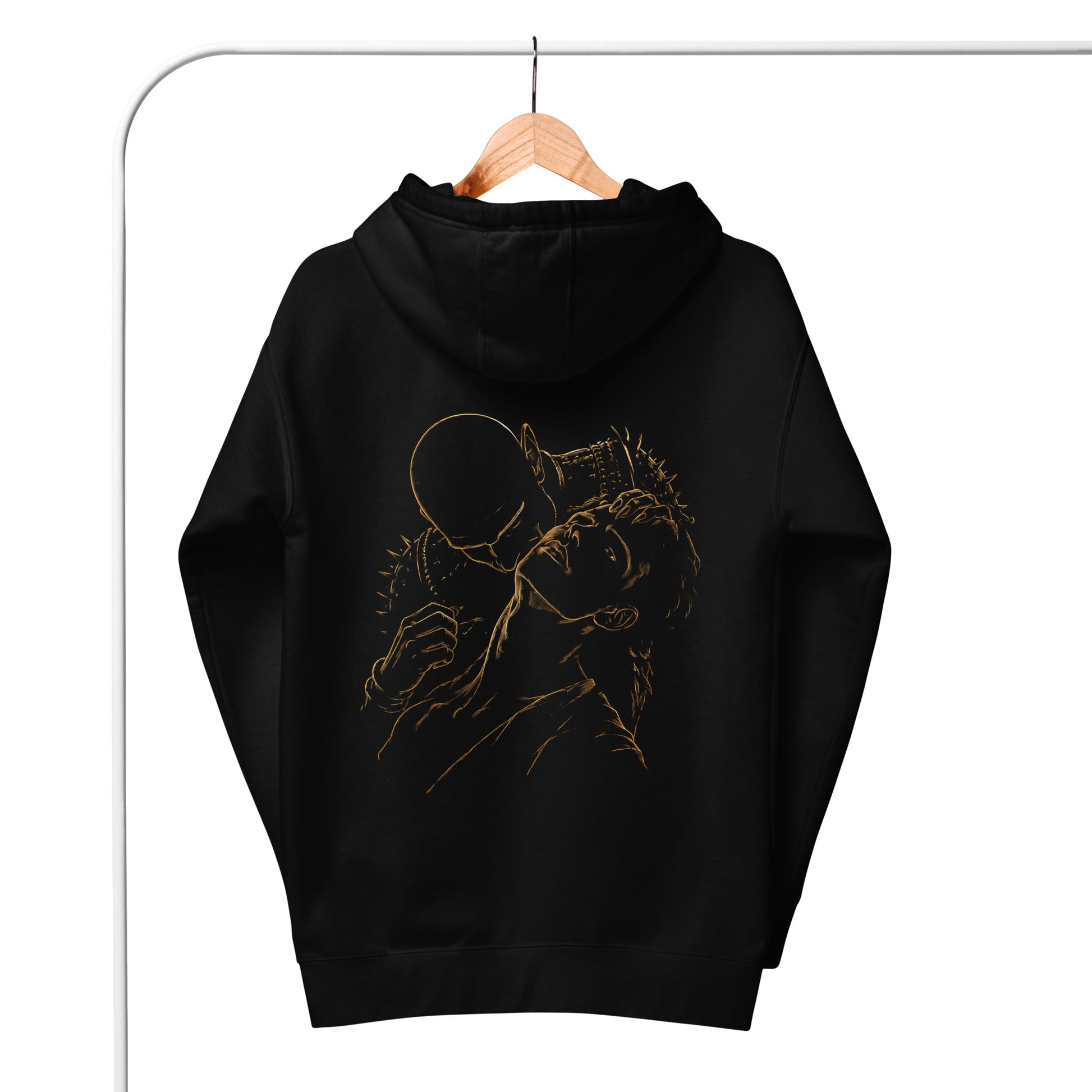 Close-up of The Blood of Dawnwalker Sires Embrace Hoodie hanging on a wooden hanger with back artwork visible