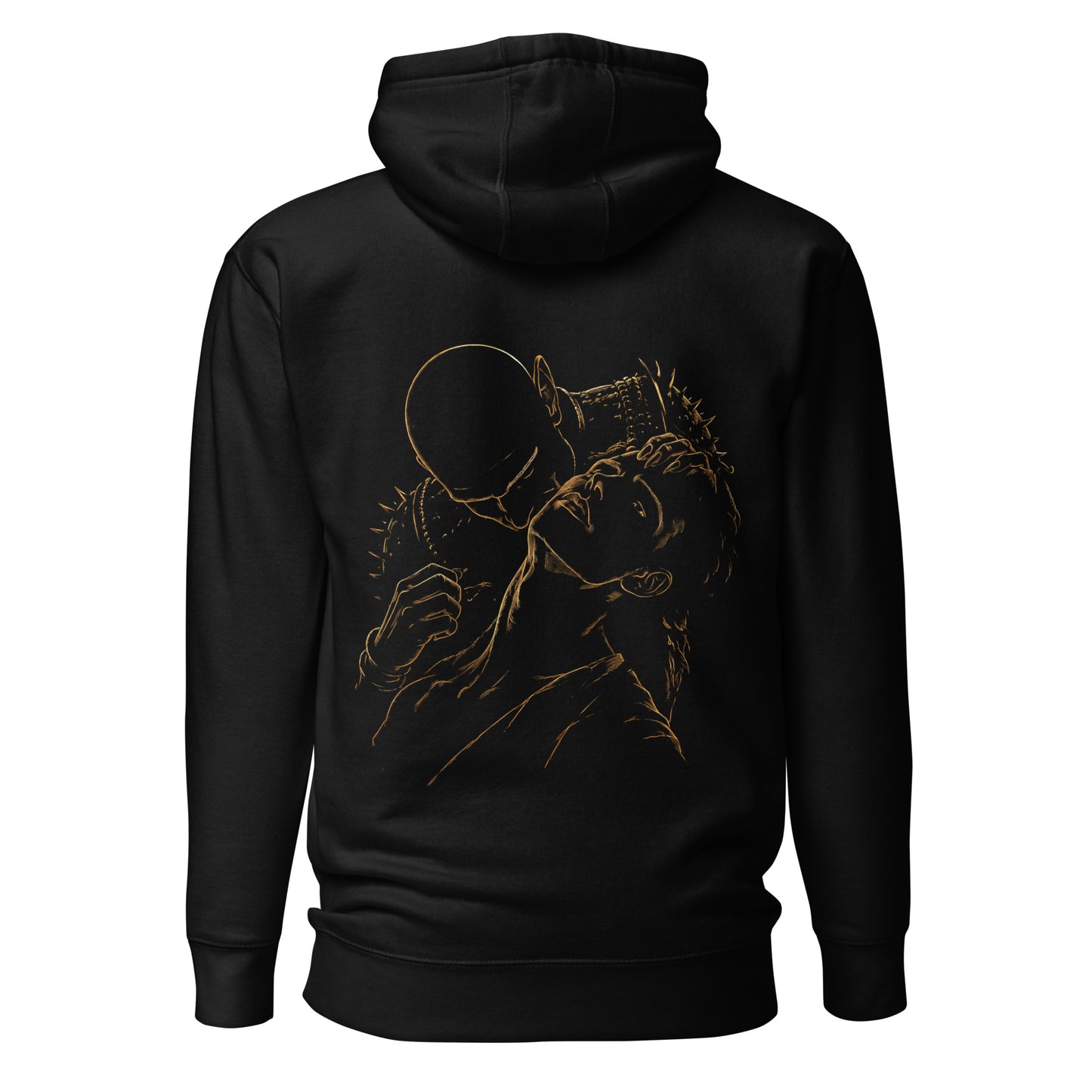 Back view of The Blood of Dawnwalker Sires Embrace Hoodie with gold line back artwork on a black hoodie