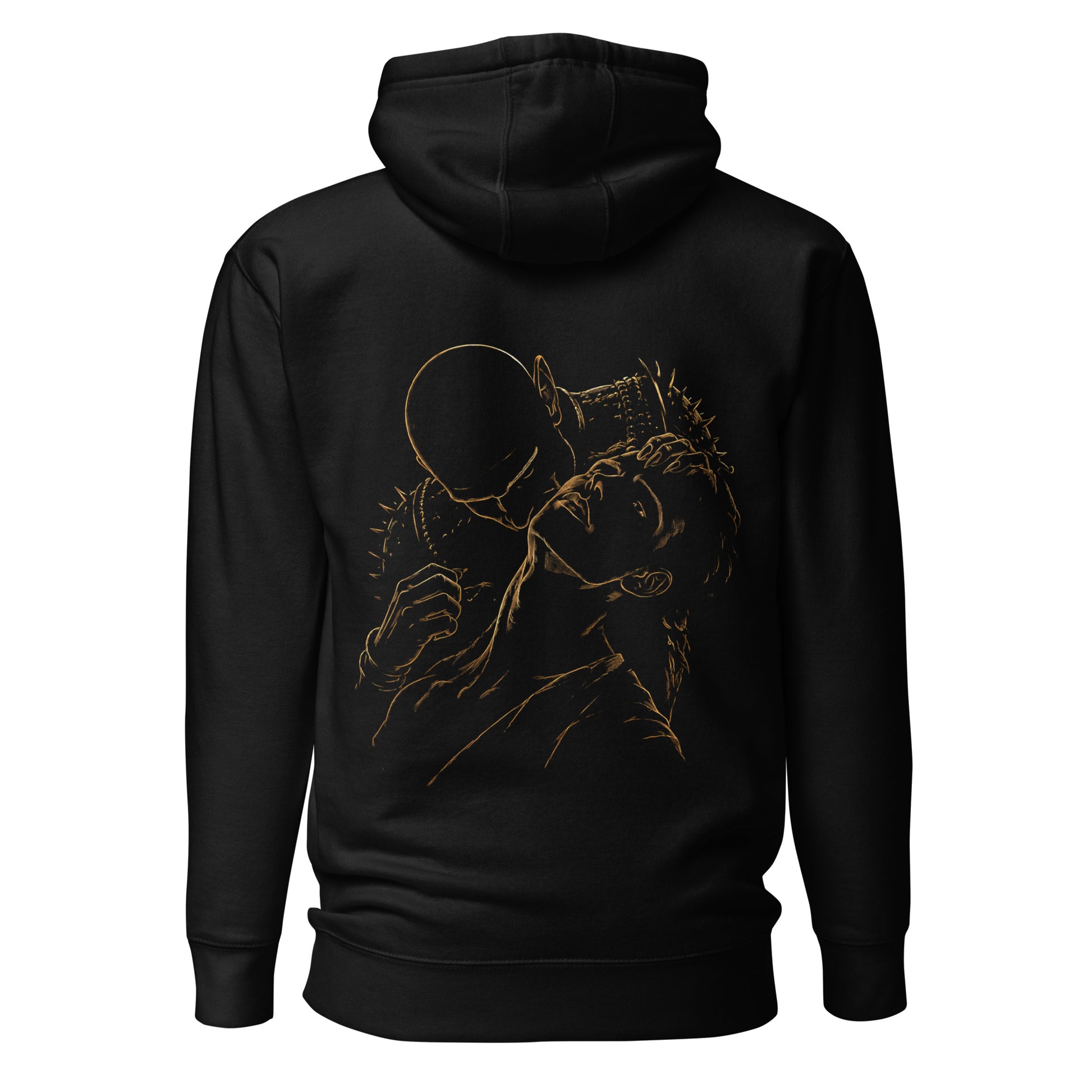 Back view of The Blood of Dawnwalker Sires Embrace Hoodie with gold line back artwork on a black hoodie