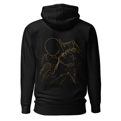 Back view of The Blood of Dawnwalker Sires Embrace Hoodie with gold line back artwork on a black hoodie