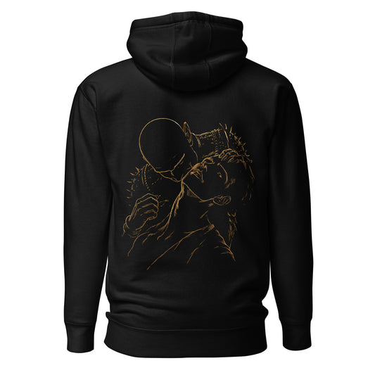 Back view of The Blood of Dawnwalker Sires Embrace Hoodie with gold line back artwork on a black hoodie