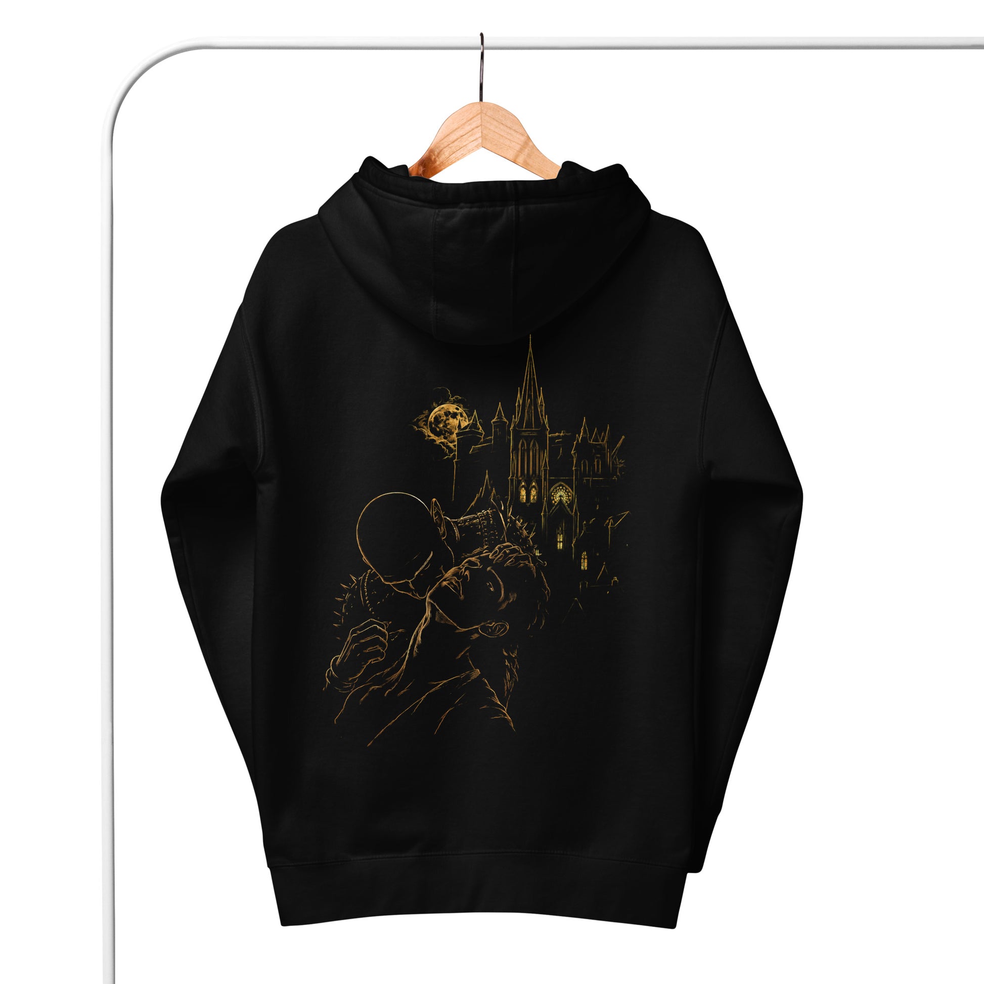 Close-up of The Blood of Dawnwalker Sires Domain Hoodie hanging with Sires Domain back artwork visible