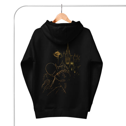 Close-up of The Blood of Dawnwalker Sires Domain Hoodie hanging with Sires Domain back artwork visible