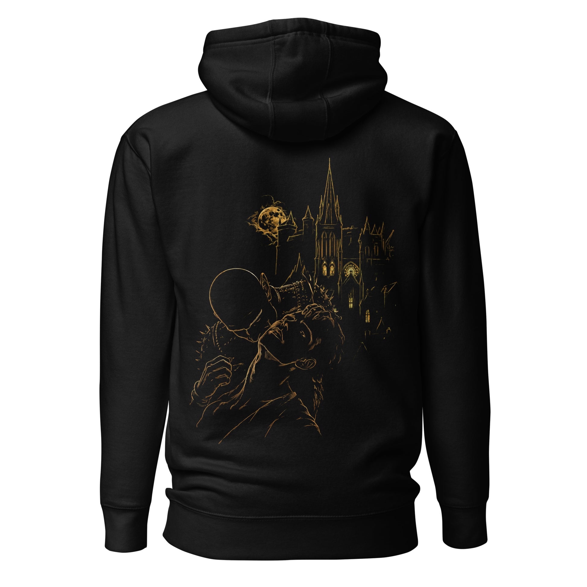 Back view of The Blood of Dawnwalker Sires Domain Hoodie featuring golden Sire’s Domain artwork across the back