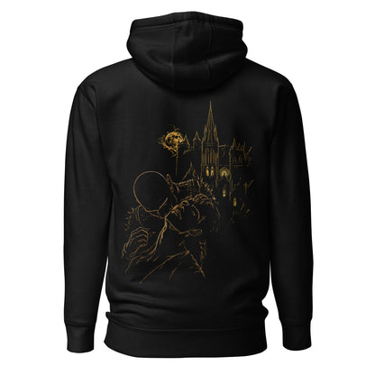 Back view of The Blood of Dawnwalker Sires Domain Hoodie featuring golden Sire’s Domain artwork across the back