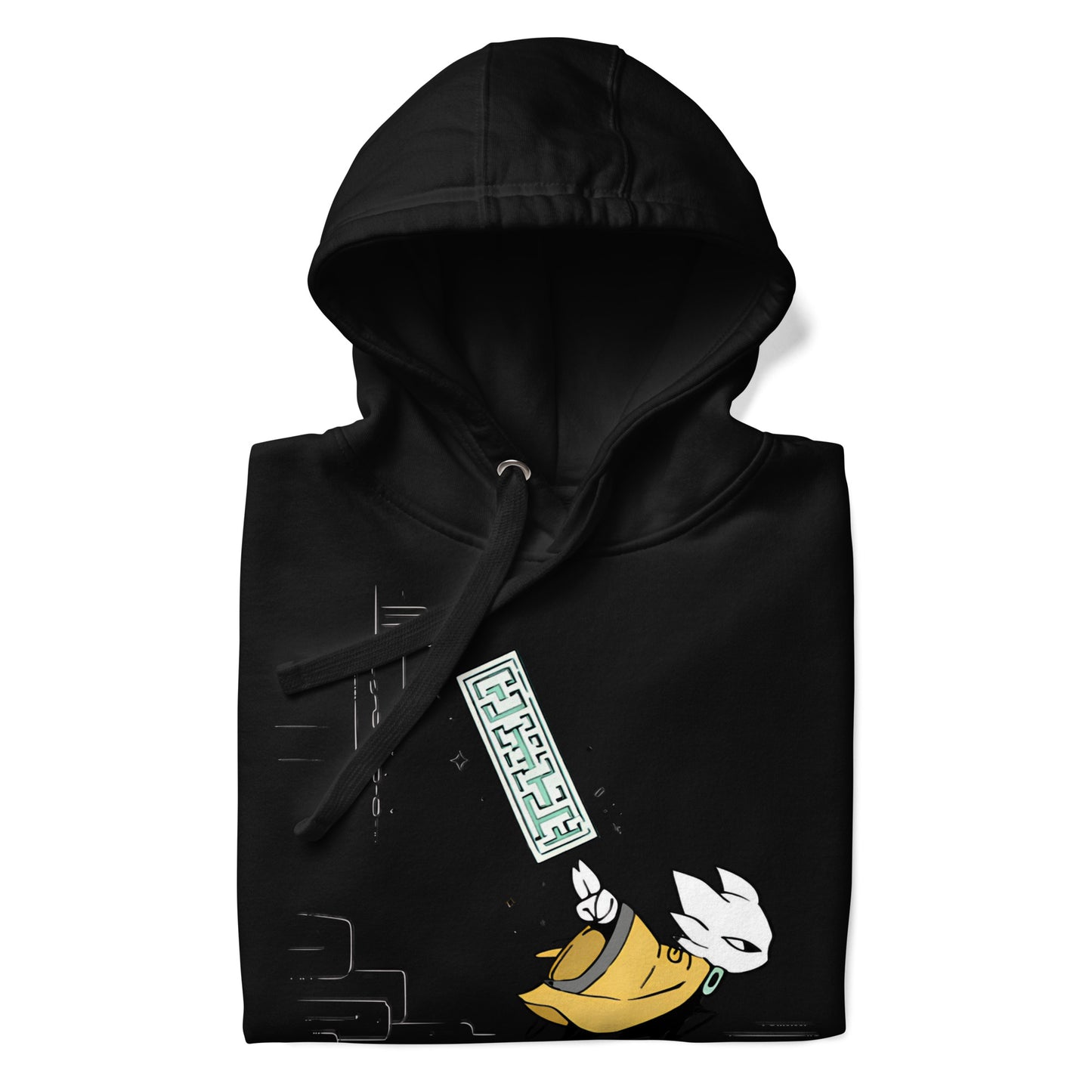 Close-up of the Black Nine Sols Motion Hoodie Seal Momentum showing folded hood and partial front graphic