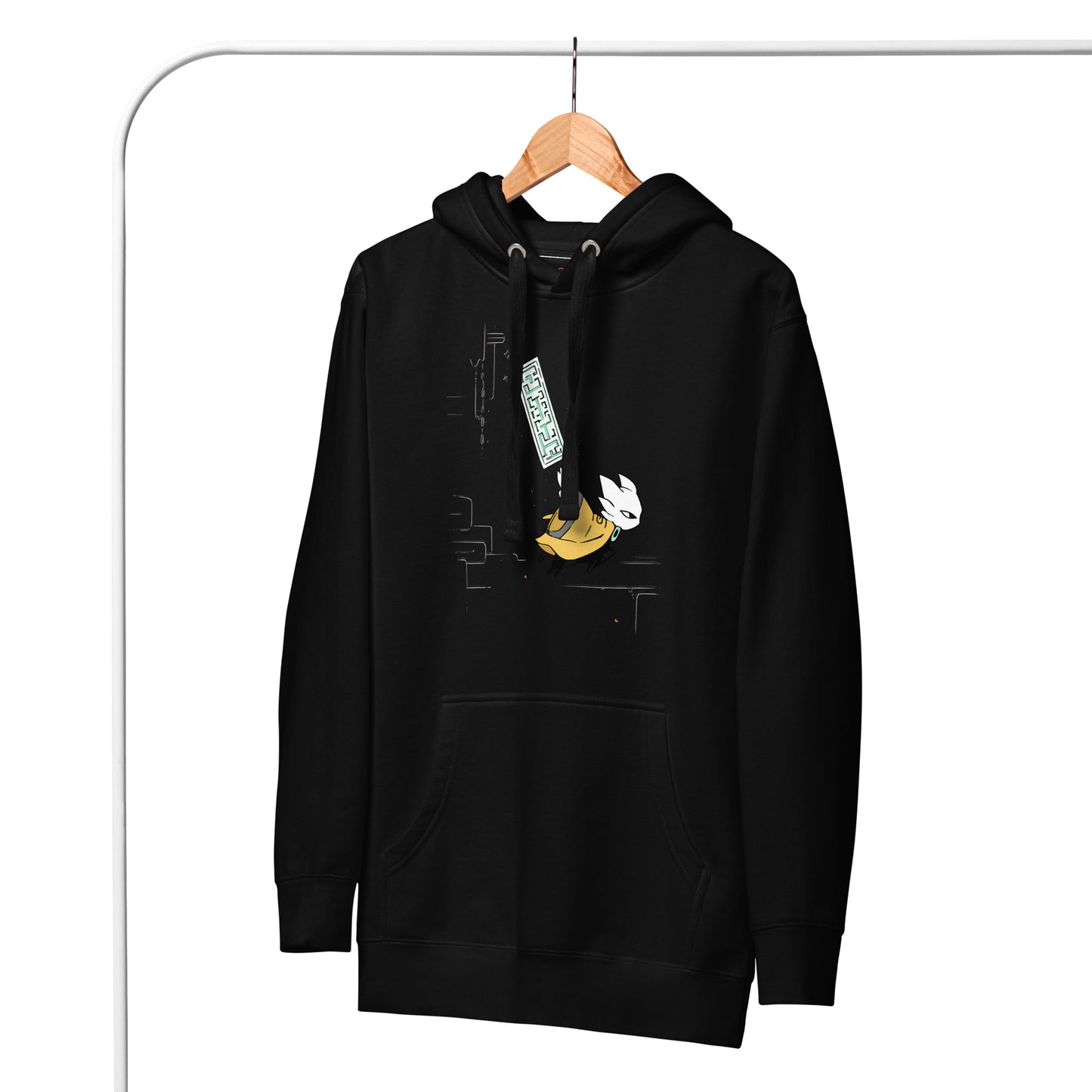 Front view of the Black Nine Sols Motion Hoodie Seal Momentum on hanger showing full front design and hood detail