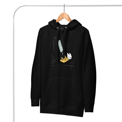 Front view of the Black Nine Sols Motion Hoodie Seal Momentum on hanger showing full front design and hood detail