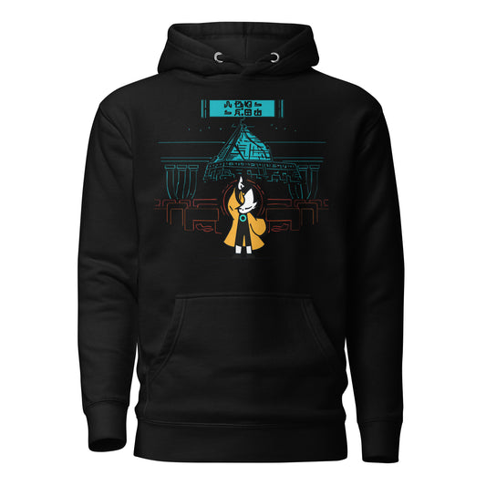 Front view of the Black Nine Sols Shrine Presence hoodie featuring a shrine inspired taopunk graphic on front