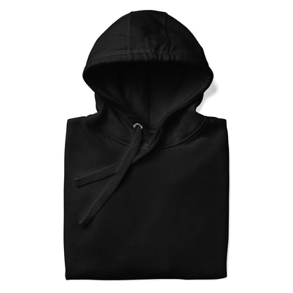 Close-up of the Black Nine Sols Balance Hoodie Yin Yang Presence showing hood shape and folded garment detail
