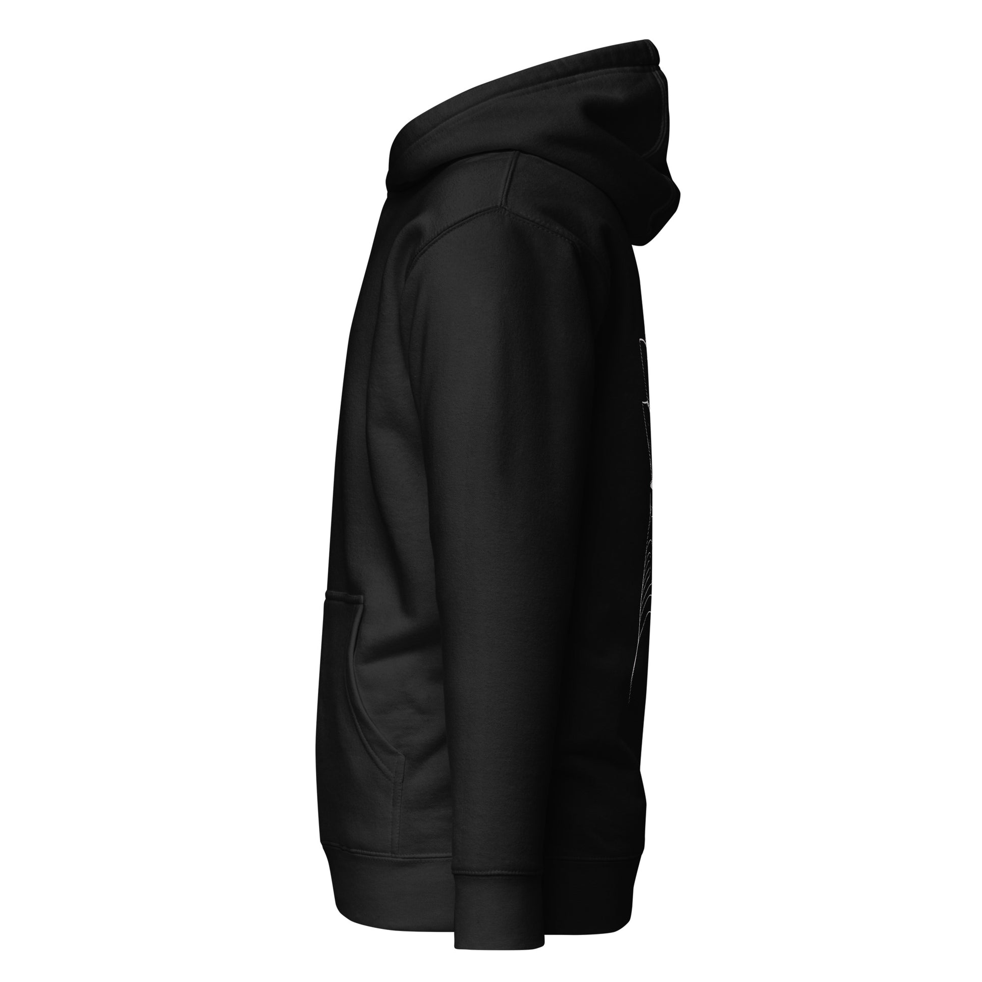 Left side view of the black Nine Sols Silent Resolve Taopunk Portrait hoodie highlighting side profile and overall silhouette