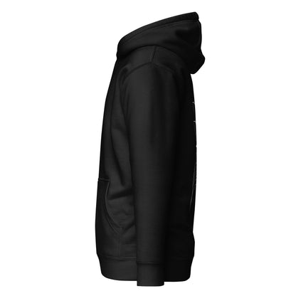 Left side view of the black Nine Sols Silent Resolve Taopunk Portrait hoodie highlighting side profile and overall silhouette