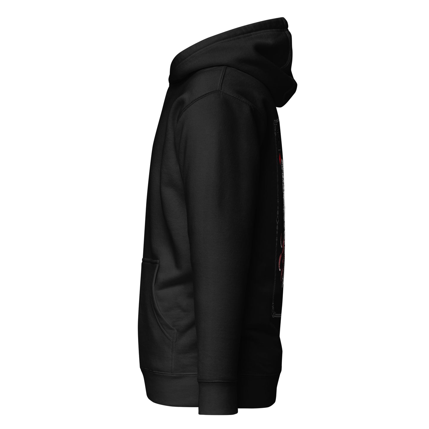 Left side view of the Black Crowsworn King of Diamonds hoodie with relaxed streetwear fit