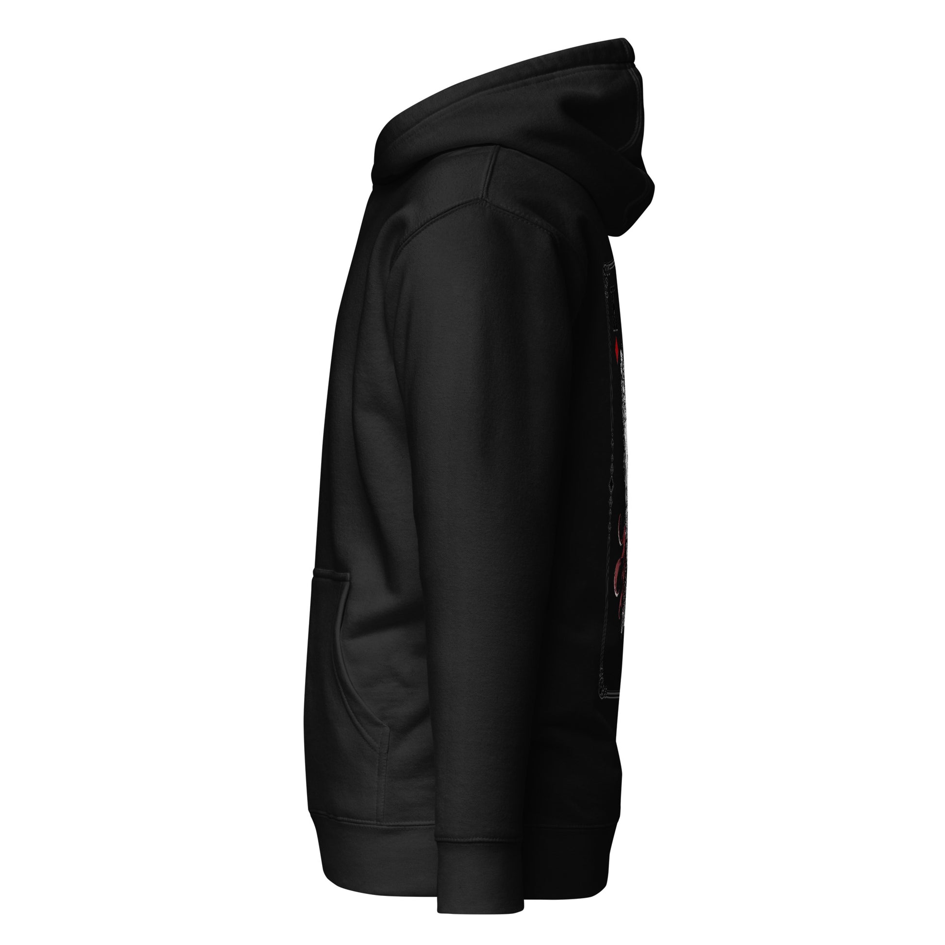 Left side view of the Black Crowsworn King of Diamonds hoodie with relaxed streetwear fit