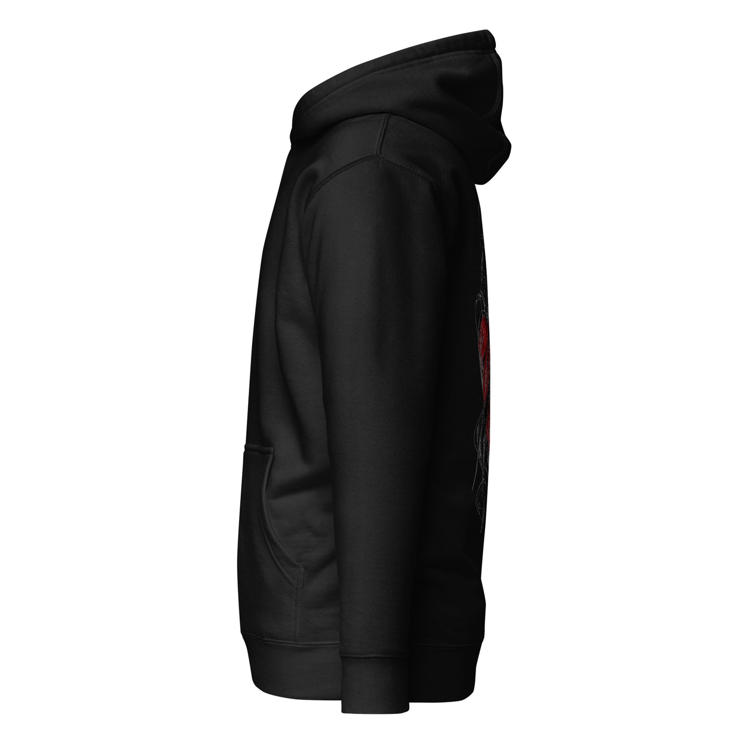 Left side view of the: Black Crowsworn Crimson Wraith hoodie with relaxed streetwear fit