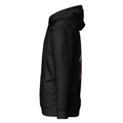 Left side view of the BlackCrowsworn Gothic Hunter hoodie showing a relaxed streetwear fit