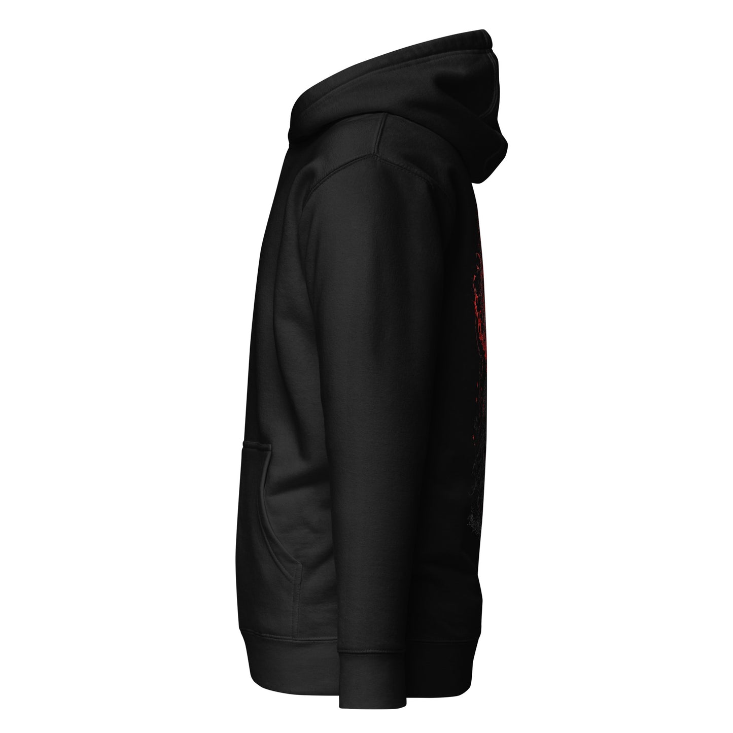 Left side view of The Blood of Dawnwalker Crimson Eclipse Hoodie showing side profile, hood shape and sleeve structure