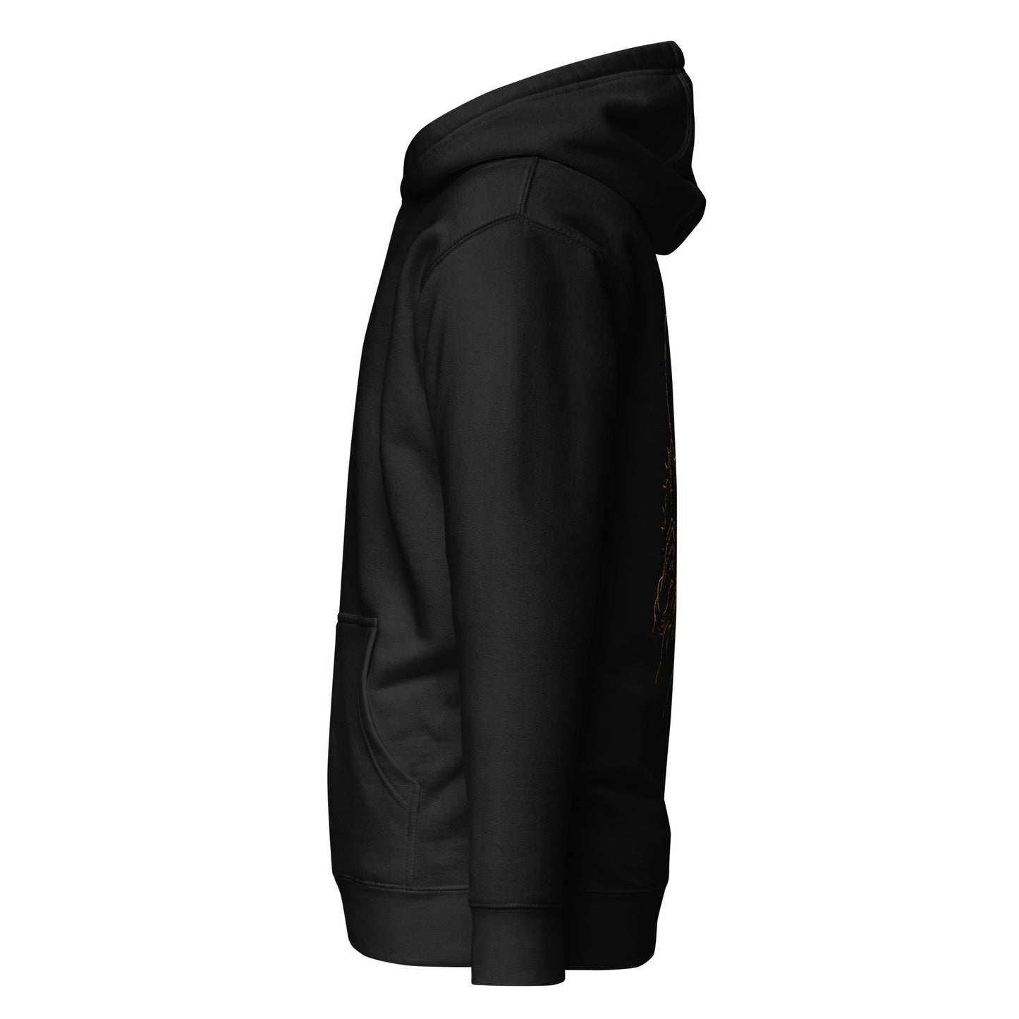 Left side view of The Blood of Dawnwalker Sires Embrace Hoodie highlighting black side profile and relaxed hoodie fit
