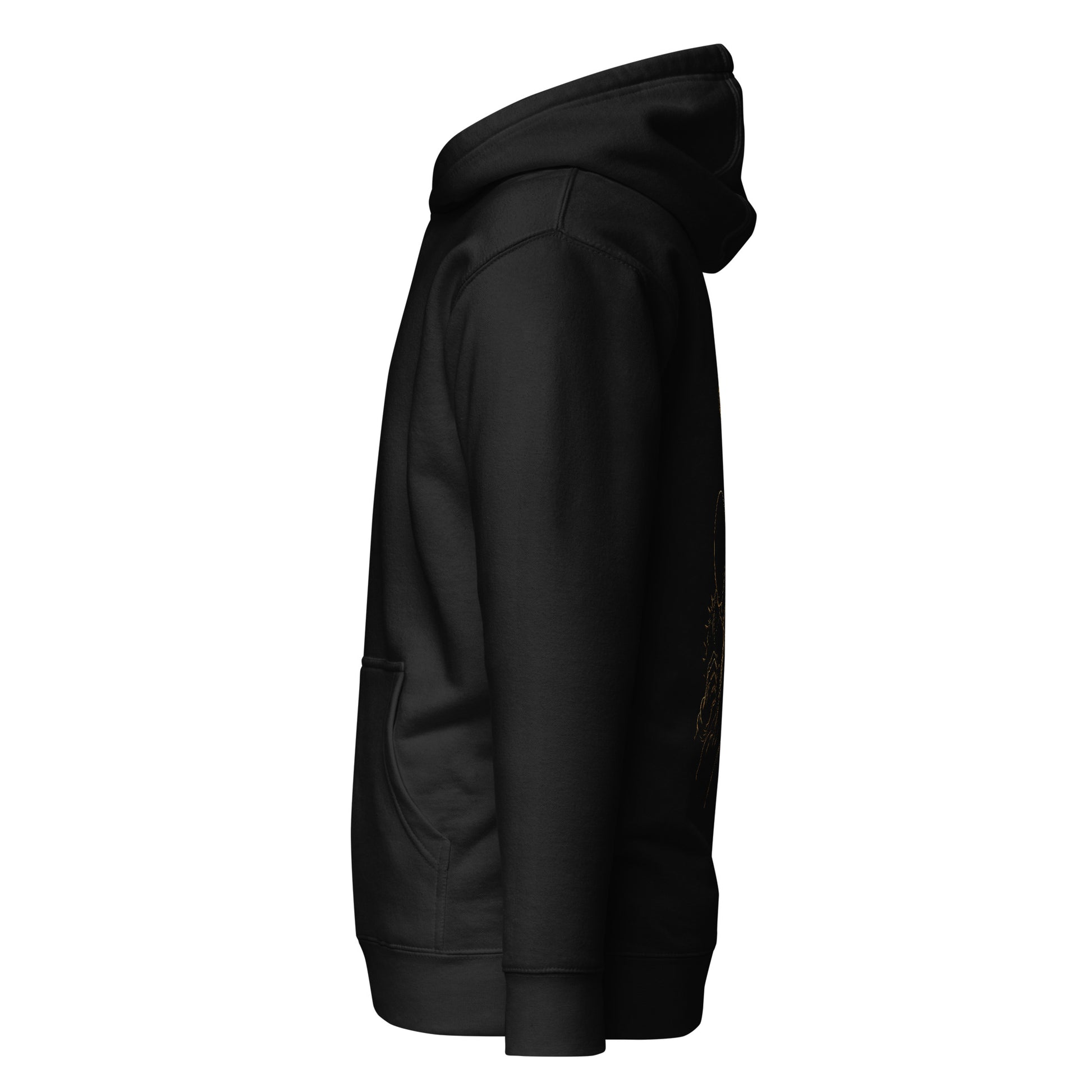 Right side view of The Blood of Dawnwalker Sires Domain Hoodie showing hood shape and sleeve profile