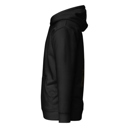 Right side view of The Blood of Dawnwalker Sires Domain Hoodie showing hood shape and sleeve profile