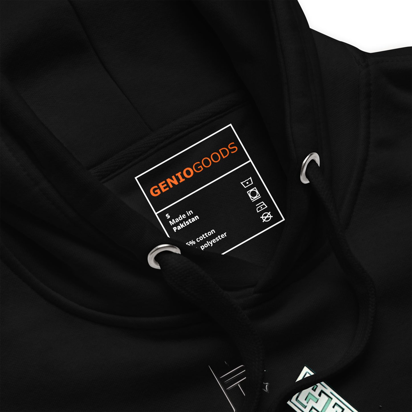 Close-up of the Black Nine Sols Motion Hoodie Seal Momentum showing inner label, drawstrings and collar detail