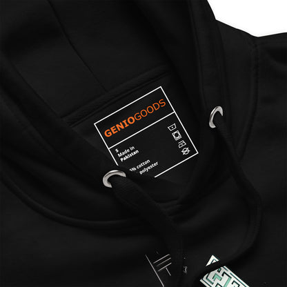 Close-up of the Black Nine Sols Motion Hoodie Seal Momentum showing inner label, drawstrings and collar detail