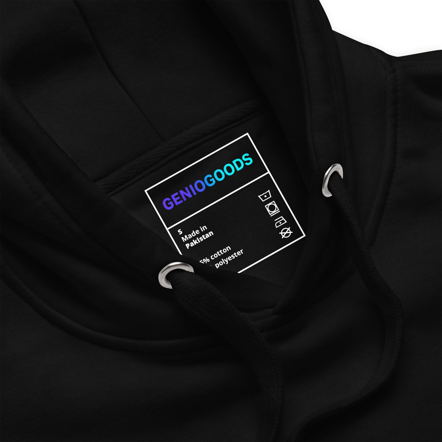 Close-up of The Blood of Dawnwalker Sires Domain Hoodie showing inner label, neckline and drawstring detail