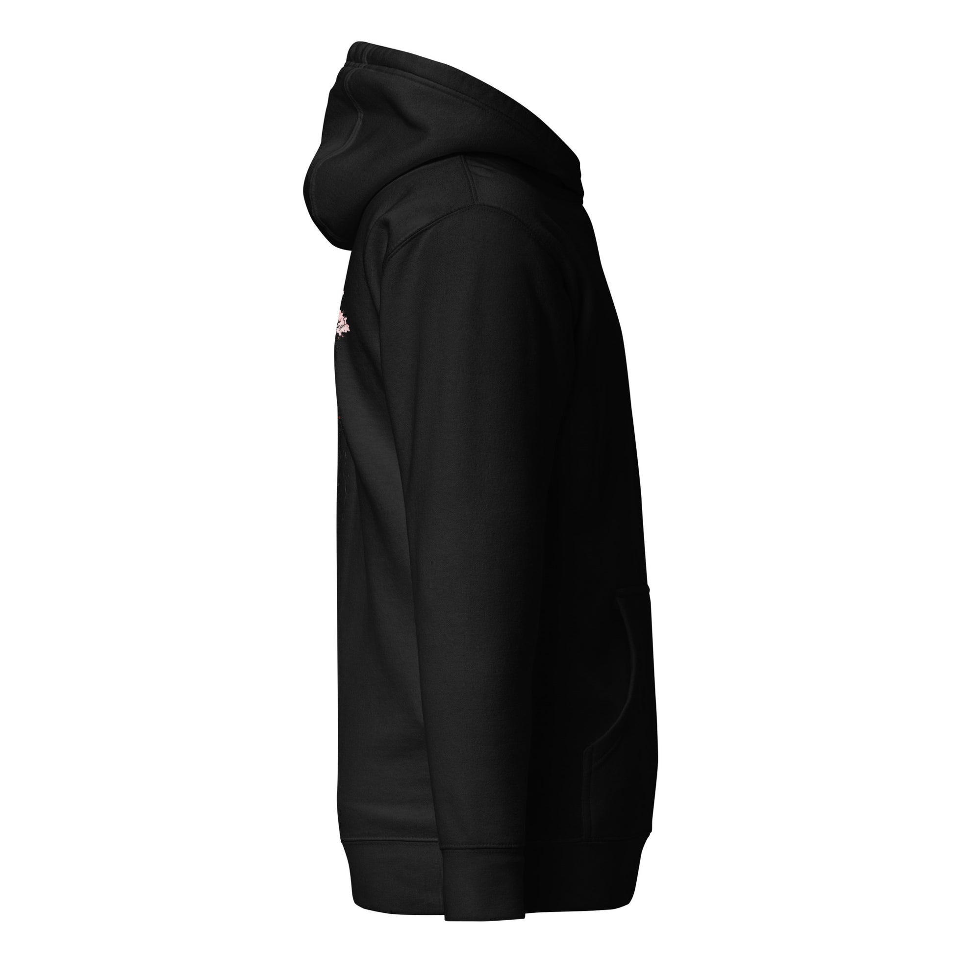 Right side view of the Black Nine Sols Cliff Duel Hoodie Fallen Guardian Duel showing sleeve structure and relaxed fit