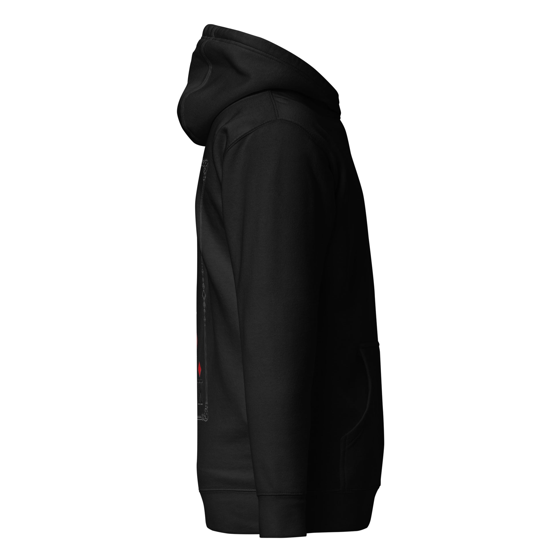 Right side view of the Black Crowsworn King of Diamonds hoodie with casual unisex silhouette