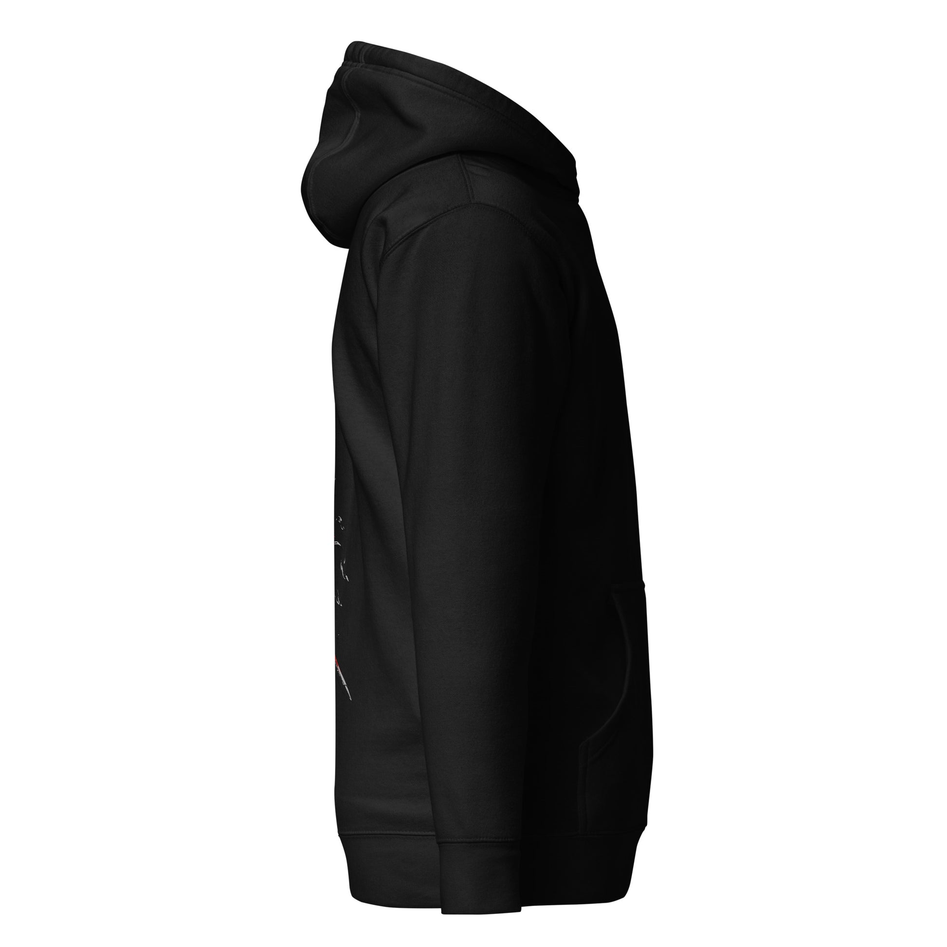 Right side view of The Blood of Dawnwalker Coen Sword Hoodie showing hood shape and sleeve profile