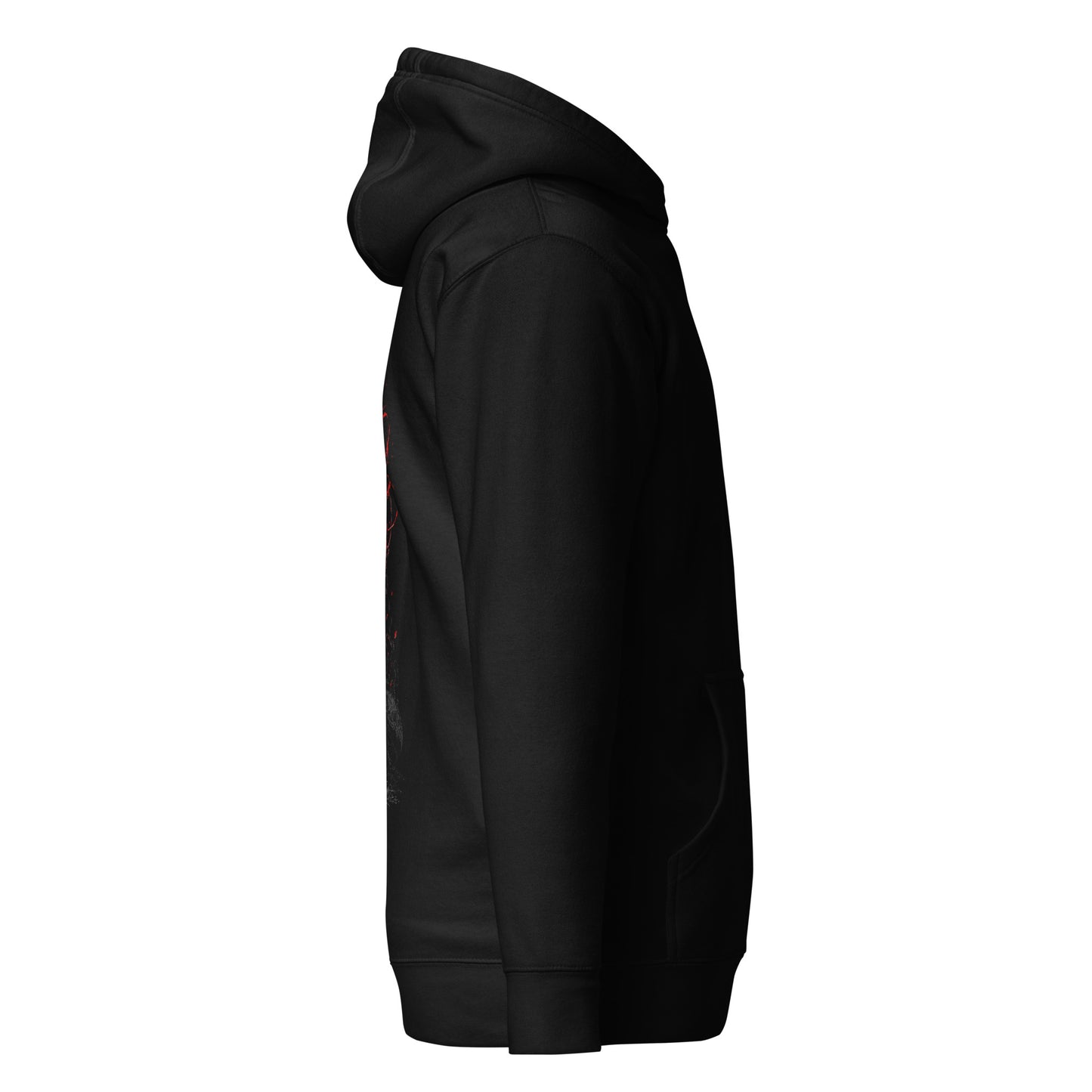 Right side view of The Blood of Dawnwalker Crimson Eclipse Hoodie showing side silhouette, hood shape and sleeve profile