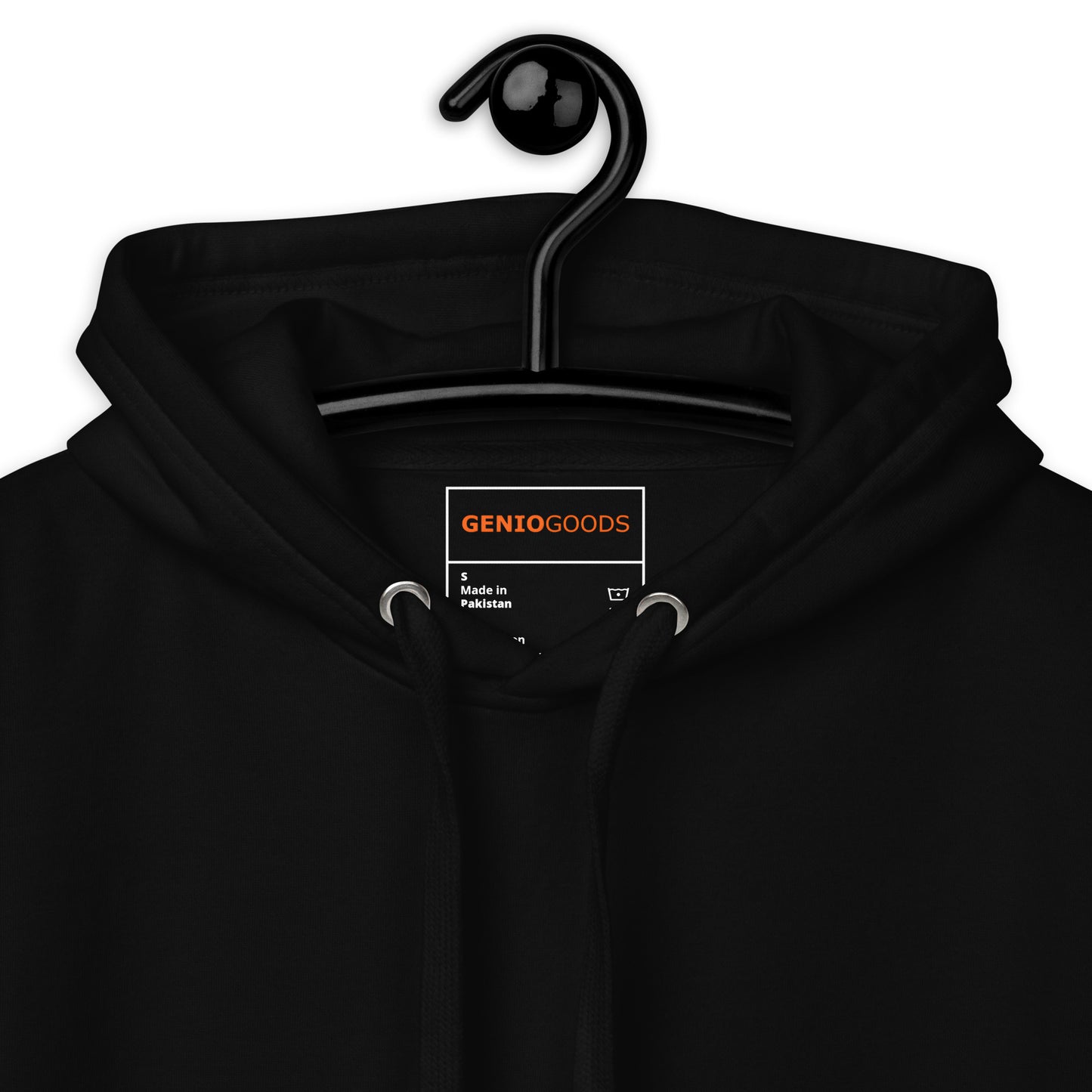 Close-up of the black Nine Sols Silent Resolve Taopunk Portrait hoodie highlighting inner label and stitching inside collar