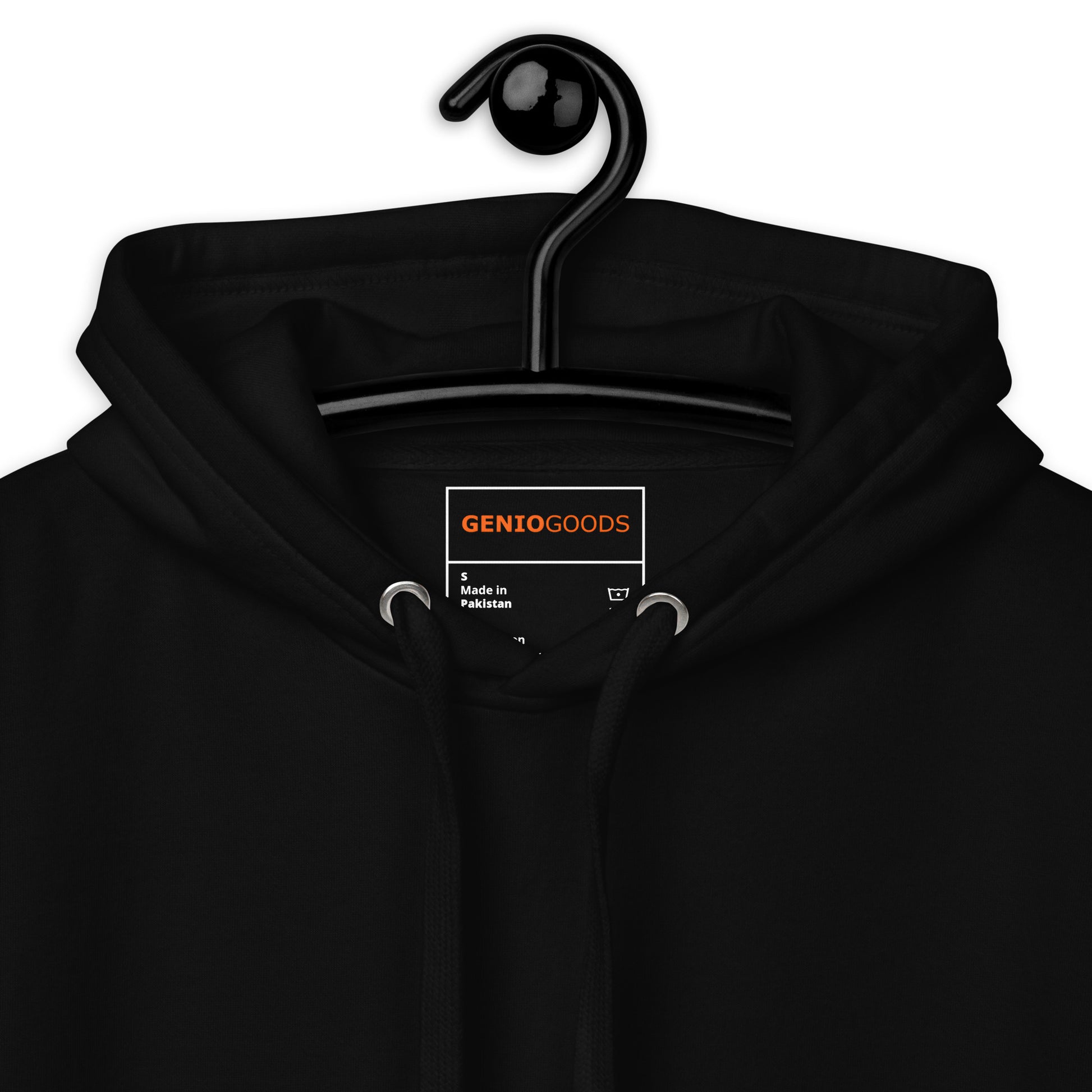 Close-up of the black Nine Sols Silent Resolve Taopunk Portrait hoodie highlighting inner label and stitching inside collar