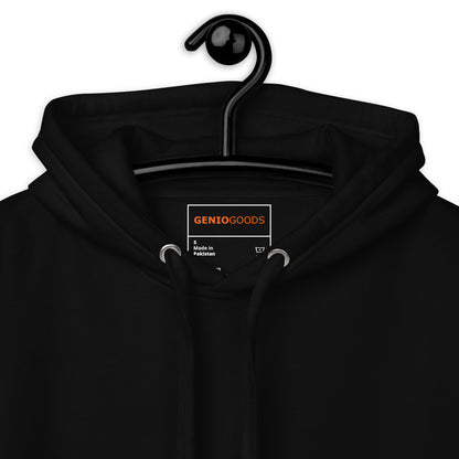 Close-up of the black Nine Sols Silent Resolve Taopunk Portrait hoodie highlighting inner label and stitching inside collar