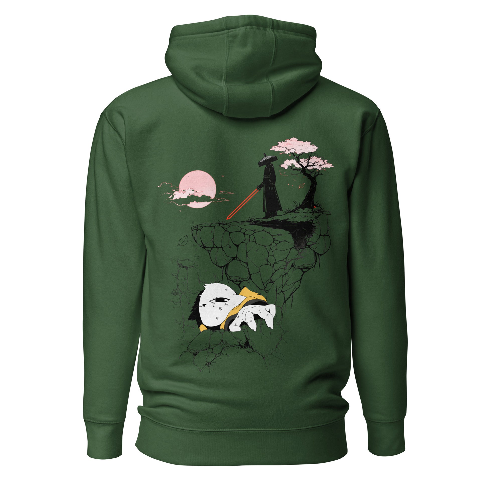 Back view of the Green Nine Sols Cliff Duel Hoodie Fallen Guardian Duel featuring a cliffside duel scene with guardian figure