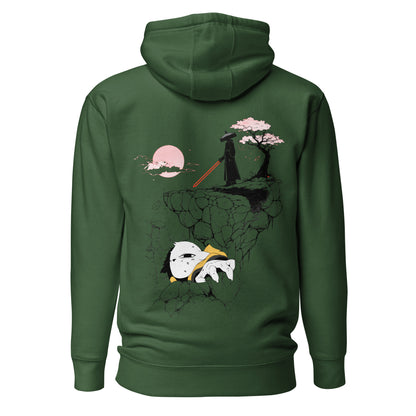 Back view of the Green Nine Sols Cliff Duel Hoodie Fallen Guardian Duel featuring a cliffside duel scene with guardian figure