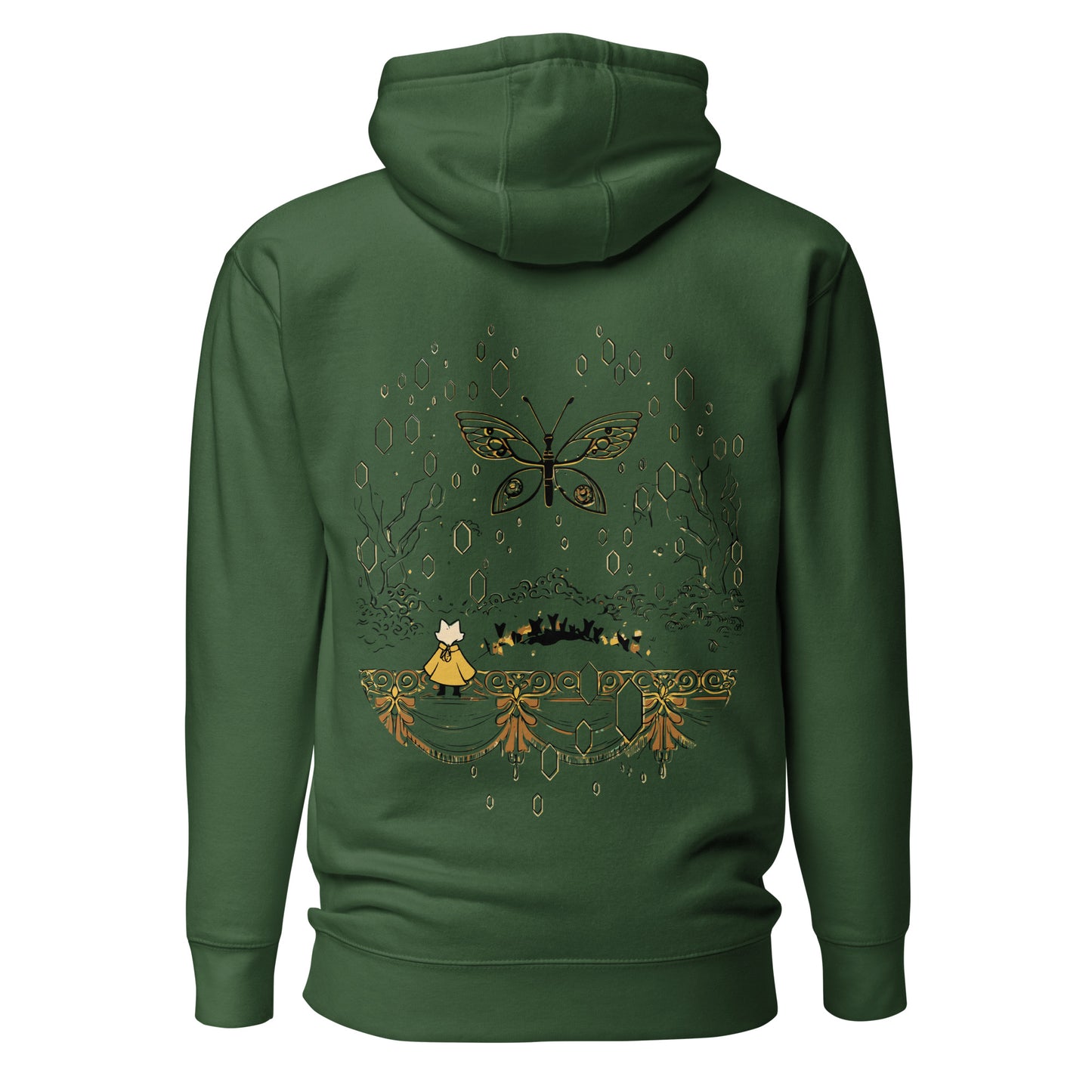 Back view of the green Nine Sols Butterfly Hoodie Golden Echo Presence featuring a golden butterfly above an ornate shrine scene