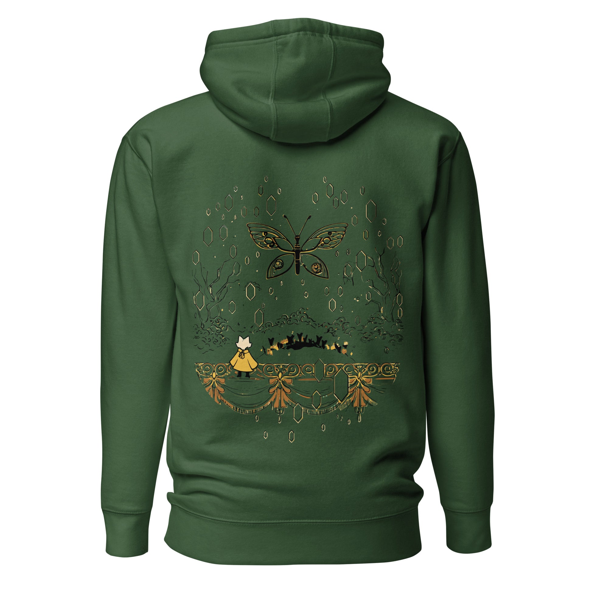 Back view of the green Nine Sols Butterfly Hoodie Golden Echo Presence featuring a golden butterfly above an ornate shrine scene